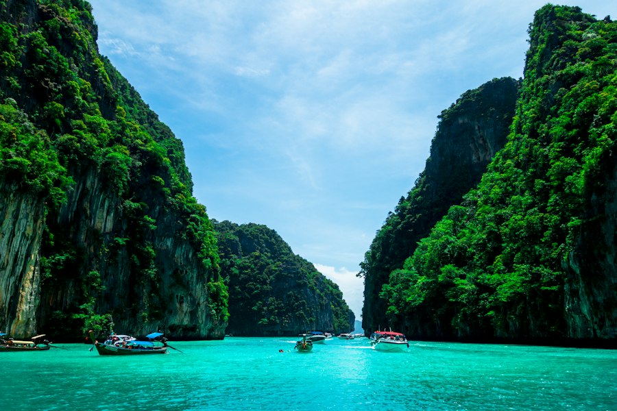Limestone cliffs and turquoise water near Phuket, Thailand